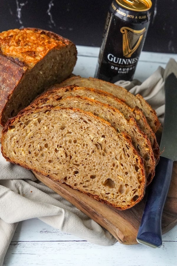the easiest homemade guinness cheddar sourdough loaf