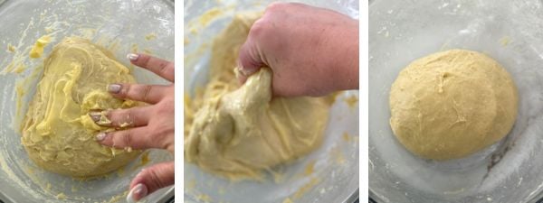 adding butter to the hawaiian roll dough by hand