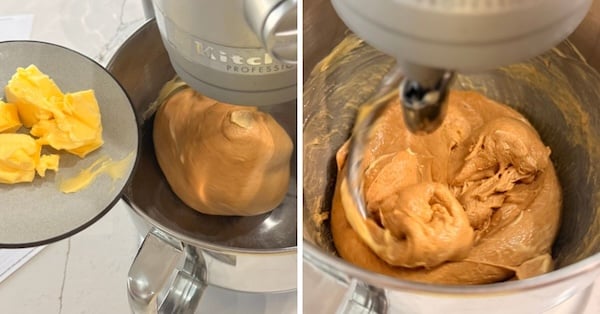 adding butter to pumpkin cinnies