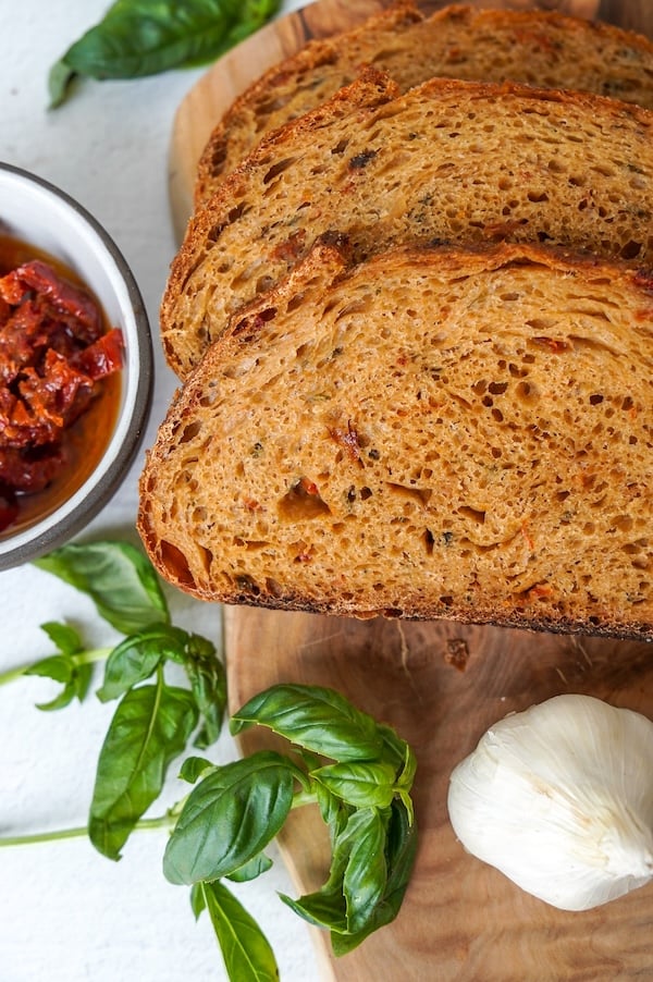 Tomato Basil Sourdough Loaf with a Glaze