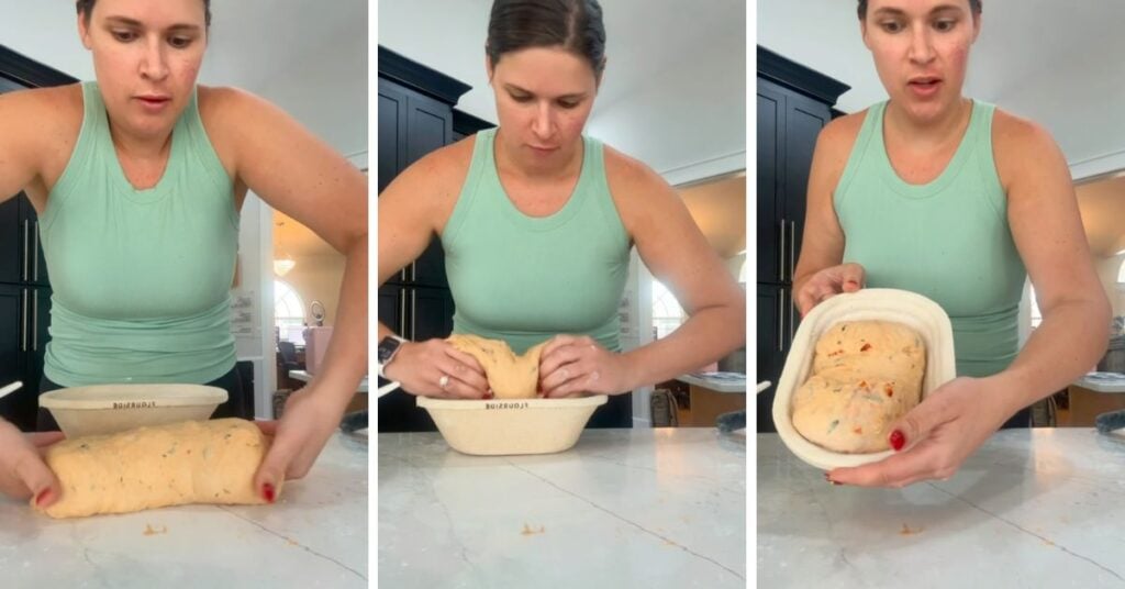 Placing a tomato basil sourdough loaf in my Flourside oval wood pulp banneton