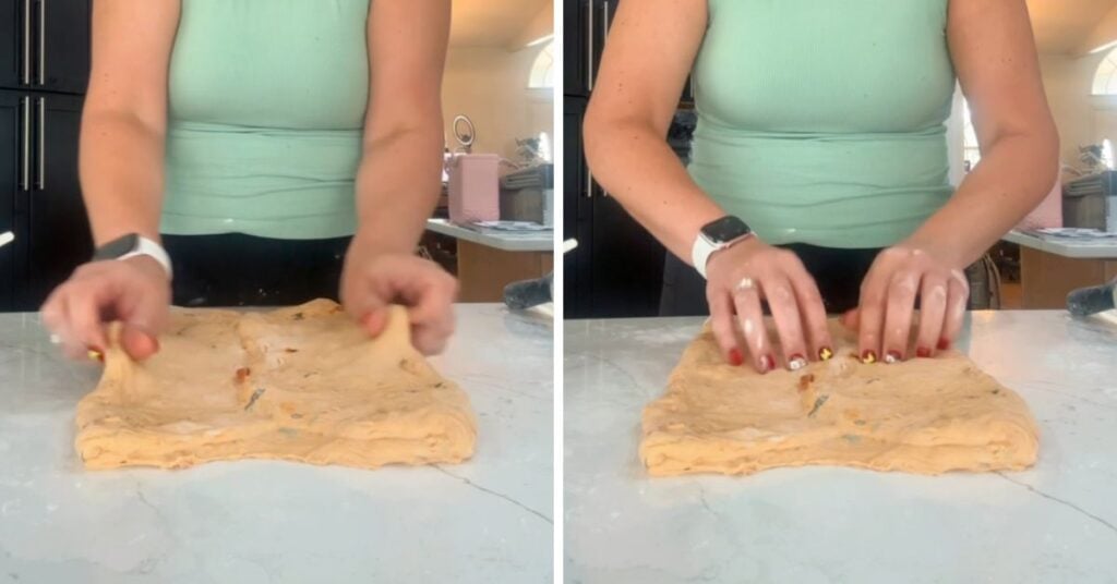 stretching and dimpling laminated dough
