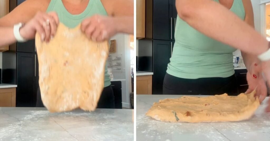 stretching dough into rectangle