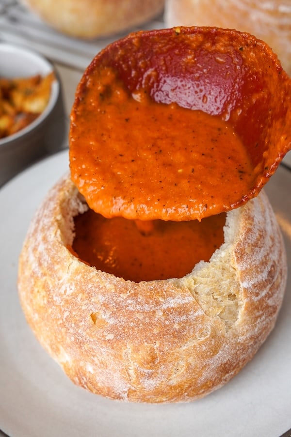 sourdough bread bowl with tomato soup