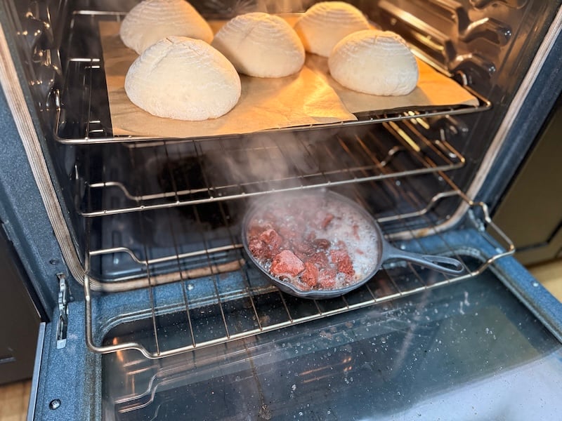 steam from cast iron pan