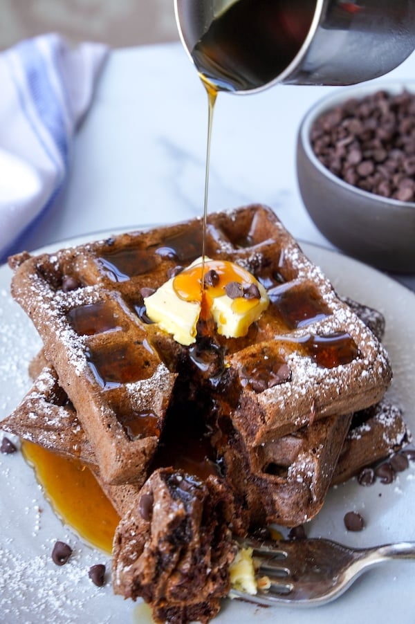 Chocolate Sourdough Discard Waffles with Syrup