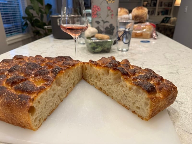 Focaccia Recipe Tester loaf showing an airy interior and browned crust