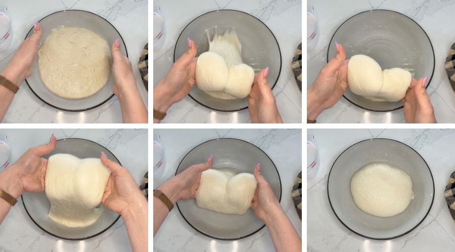 six-step overhead sequence showing wet hands lifting the dough from the center and folding it under itself for a coil fold
