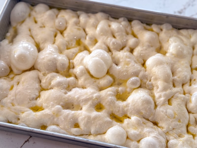 close-up of heavily dimpled focaccia dough in a pan, with olive oil pooling in the dimples and bubbles across the surface