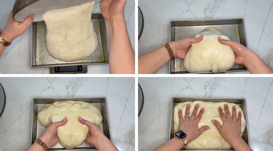 four-step overhead sequence showing dough being transferred to an oiled pan, flipped to coat both sides, and gently positioned smooth-side up