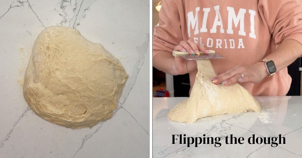 einkorn dough turned out onto a floured surface, then flipped with a bench scraper before pre-shaping.