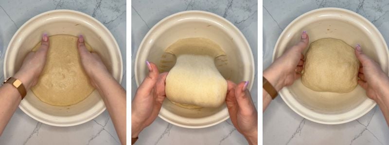 three photos showing the final coil fold as einkorn dough becomes smoother and stronger