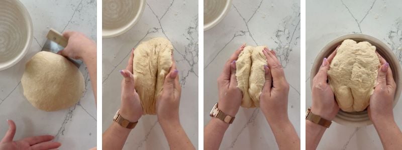 final shaping einkorn loaf into a boule by folding like a book using the double caddy clasp method