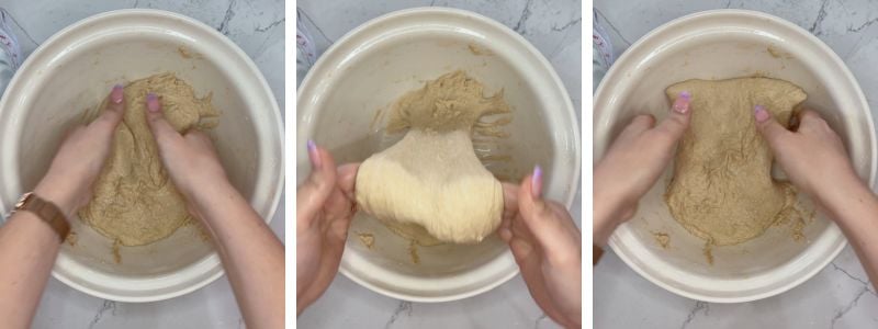 three-step view of the first coil fold, with shaggy einkorn dough looking messy as it begins to strengthen