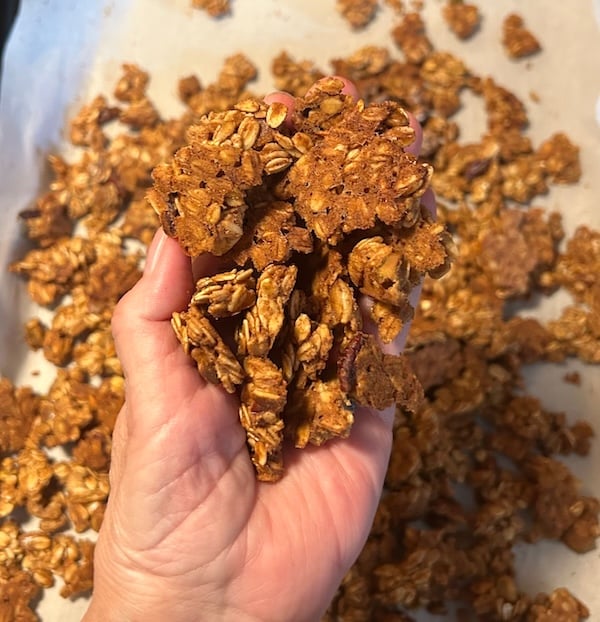 hand holding crunchy granola clusters