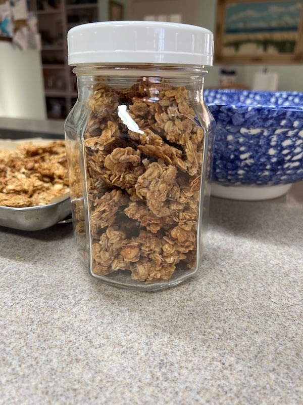 granola clusters in a glass jar