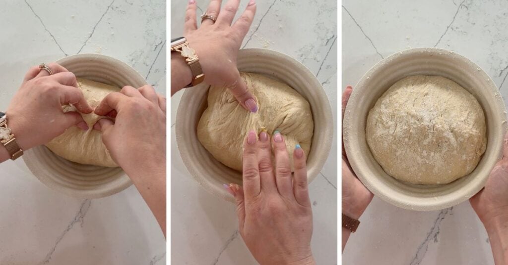 pinching seam on einkorn loaf in a round banneton in preparation for cold proof