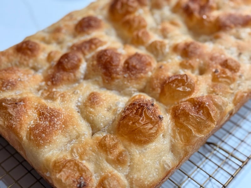Recipe Test 6 Result - close-up of focaccia baked in a Lloyd Pans Detroit-Style pizza pan