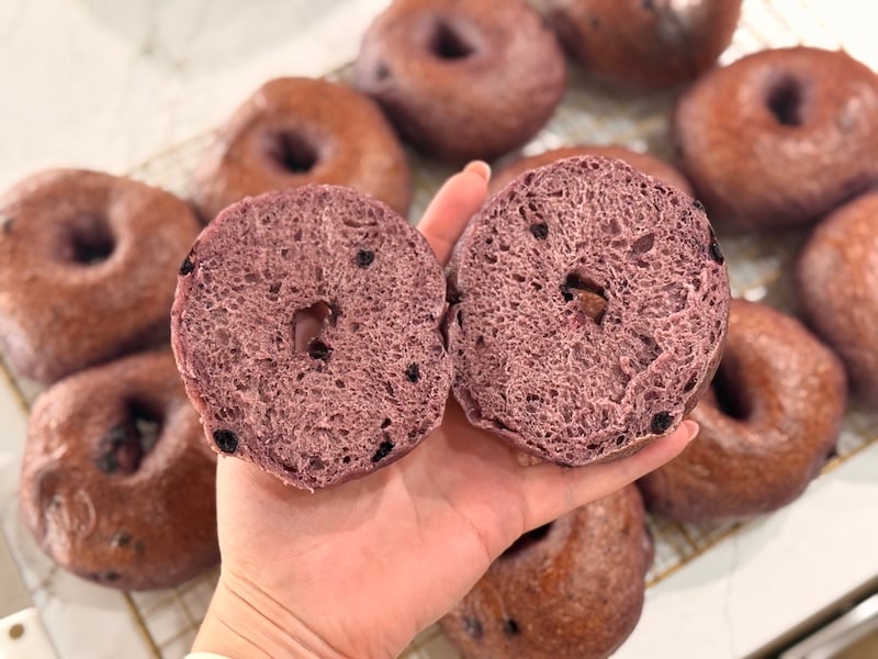 hand holding two halves of a tested blueberry sourdough bagel with an even crumb and dried strawberry pieces