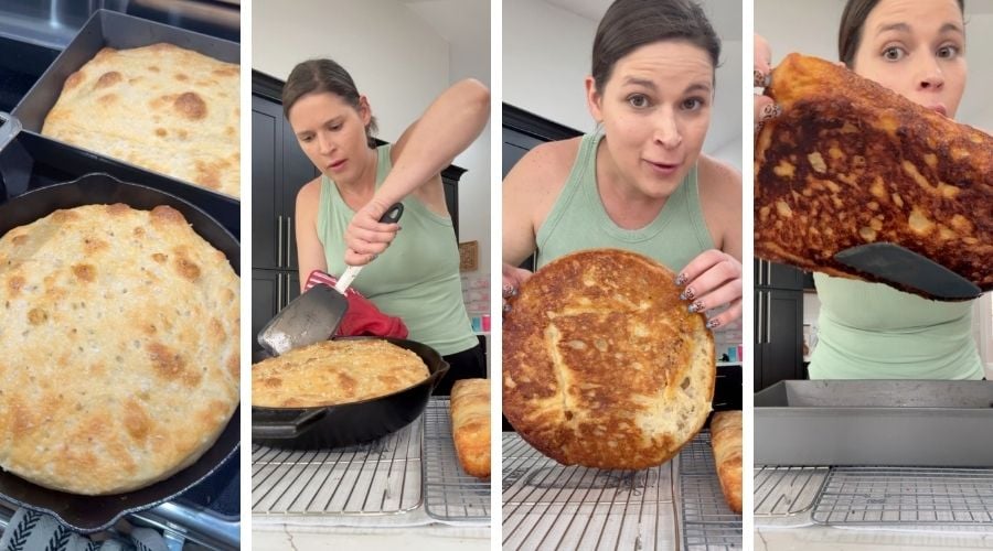 comparison of focaccia baked in cast iron skillet and rectangular Lloyd pan showing deeply browned bottom crusts