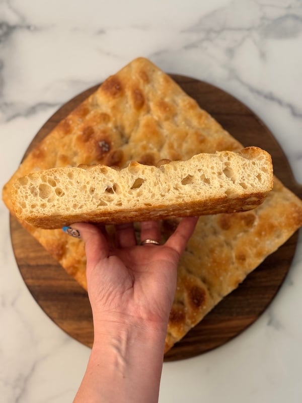 same day focaccia baked in a USA Pan has an airy crumb and golden crust