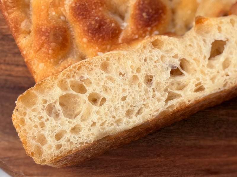 same day sourdough focaccia close up of the open crumb