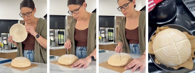 four-panel composite showing a boule turned out, scored with an X, and placed in a Dutch oven