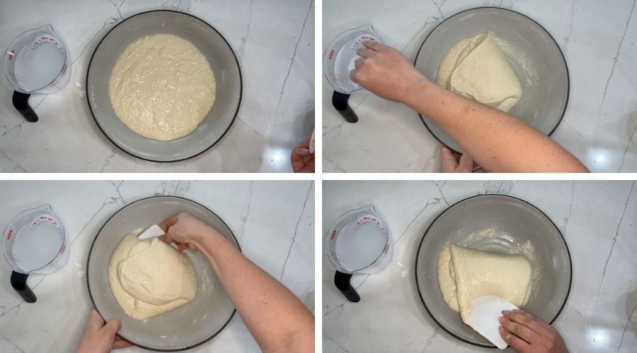 four-step overhead sequence showing a bowl scraper lifting the dough from the edge and folding it over itself