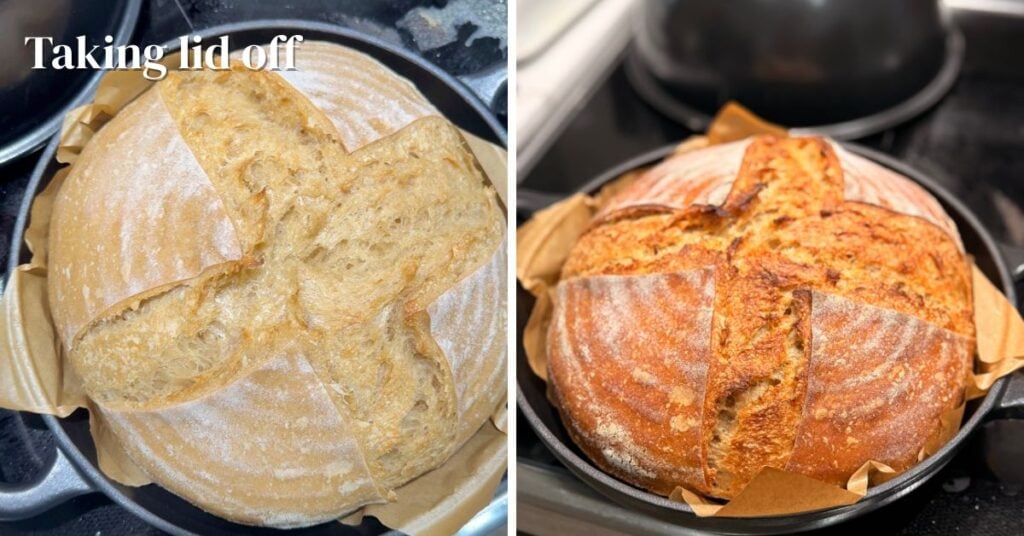 two-panel composite showing the loaf just after the lid comes off and again after finishing uncovered baking