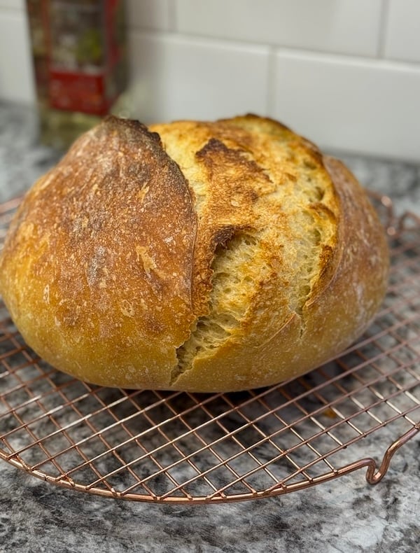 50% einkorn sourdough boule on a cooling rack