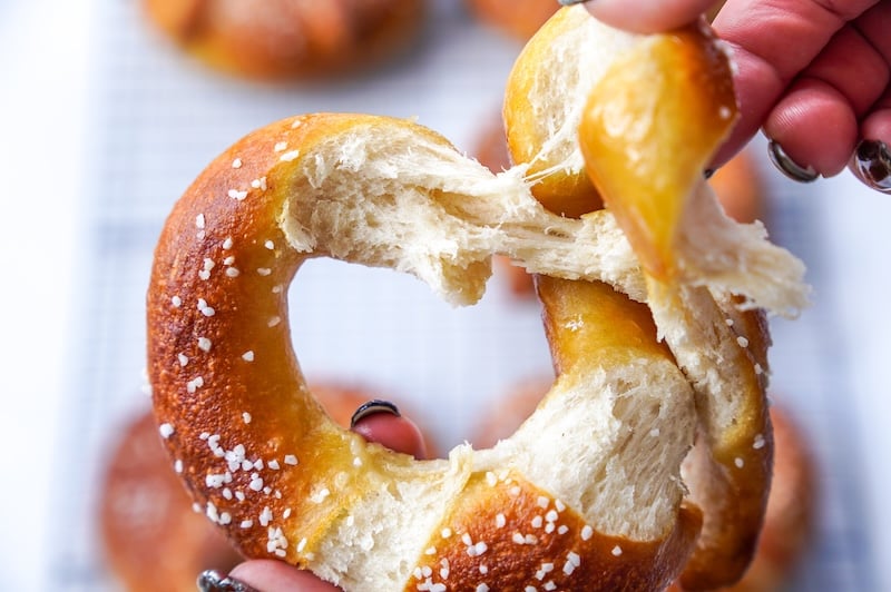 Torn sourdough pretzel showing the airy interior crumb