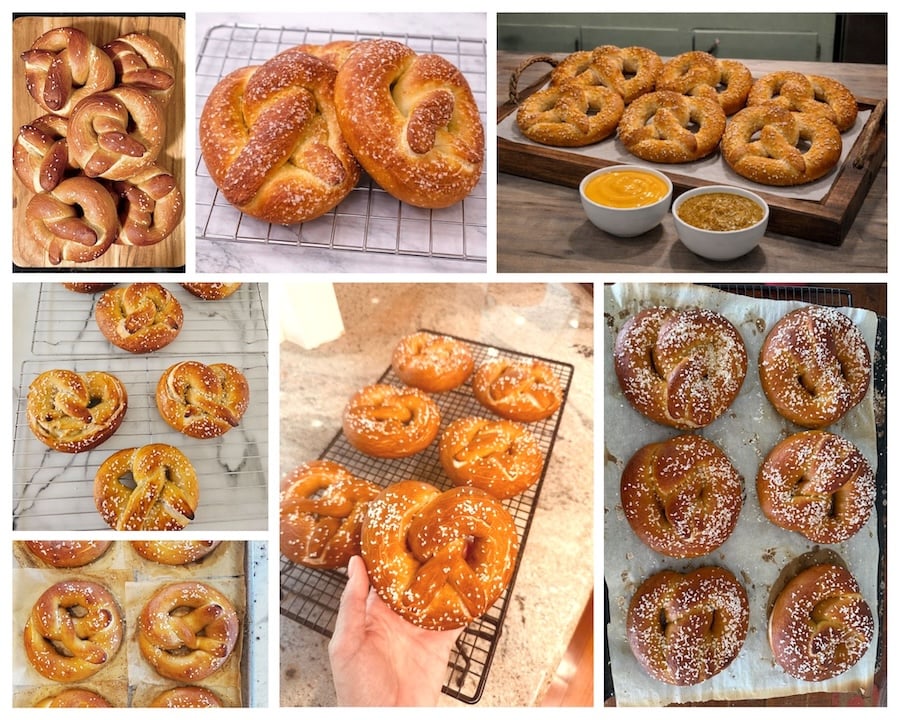 Collage of sourdough pretzels baked by recipe testers with dipping sauces and pretzel salt