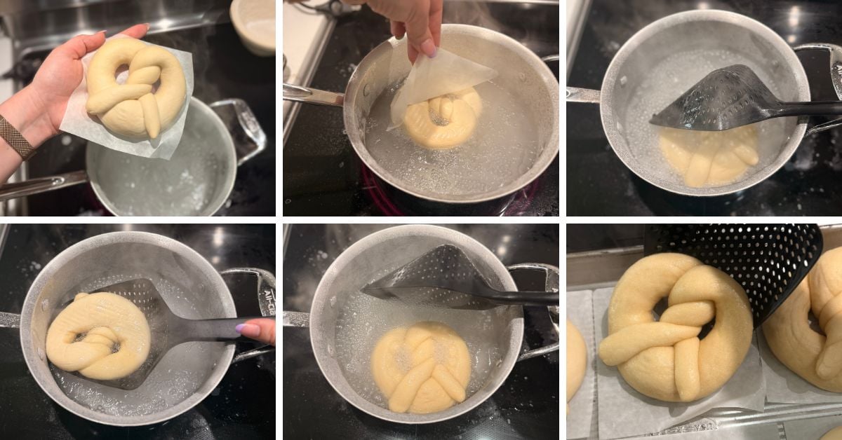 Step-by-step boiling of a sourdough pretzel before transferring to the baking sheet