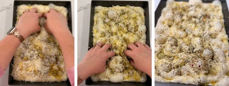 dimpling garlic and cheese focaccia