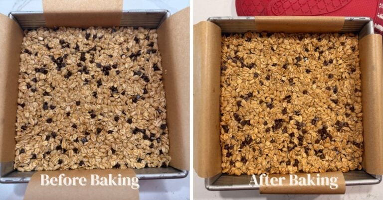 granola bar mixture before and after baking