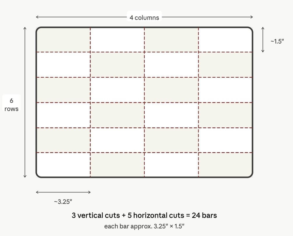 how to cut granola bars from a 9x13 baking pan showing 3 vertical and 5 horizontal cuts