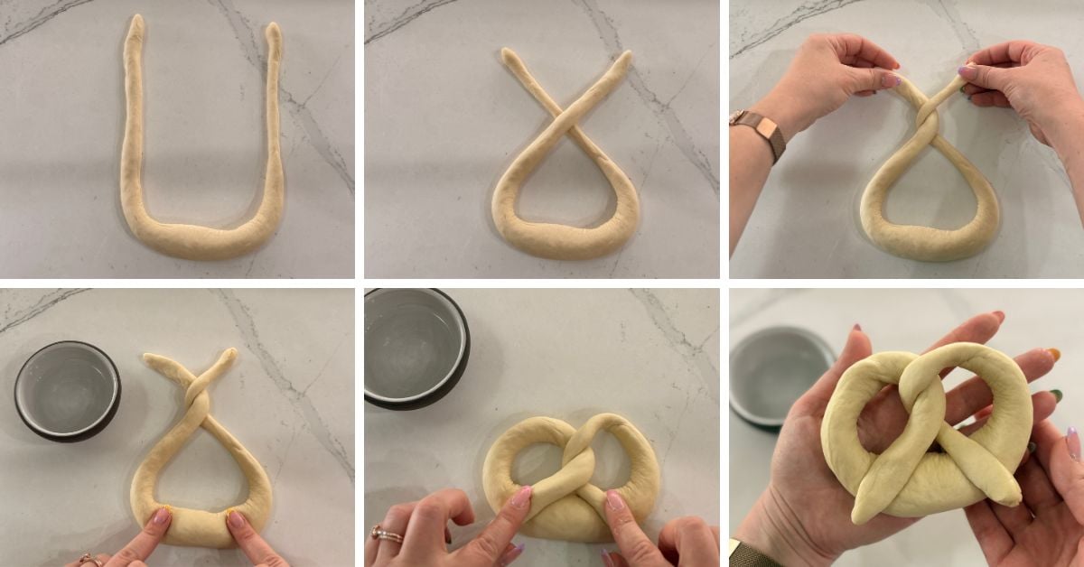 Step-by-step shaping of a sourdough pretzel from rope to finished twist
