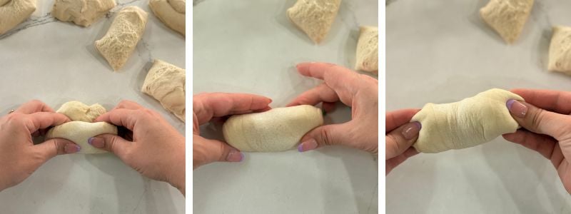 rolling sourdough pretzel dough into a cylinder and pinching the seams closed