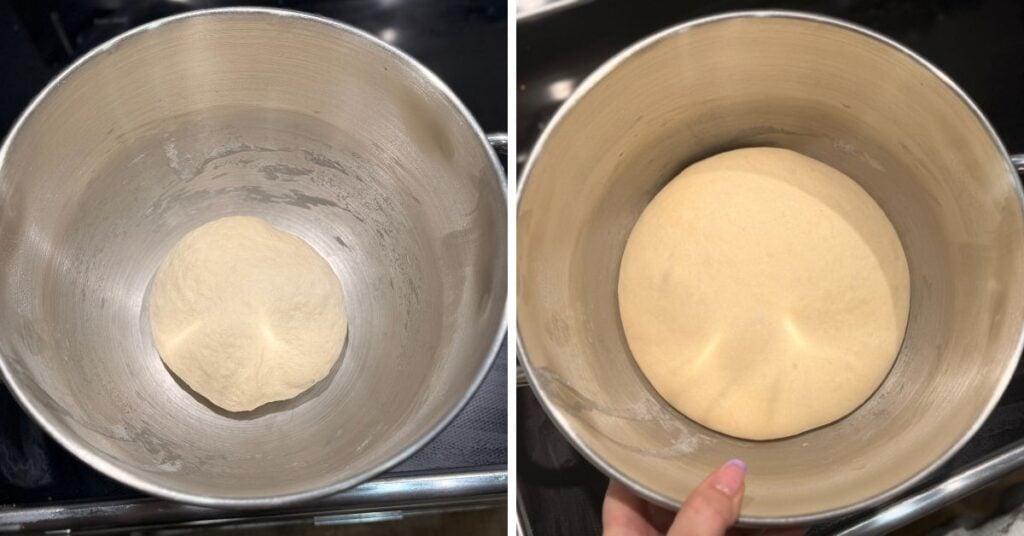 pretzel dough before and after bulk fermentation, showing how the dough has doubled in size