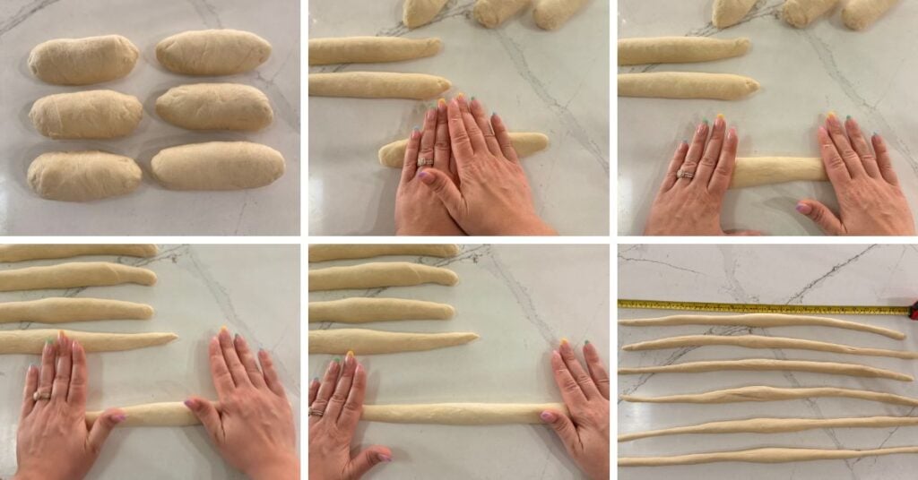 Gradually rolling pretzel dough ropes to about 24 inches long