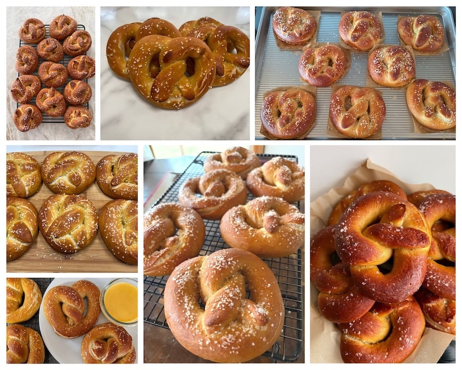 Recipe tester sourdough pretzels showing different crust colors and shaping styles