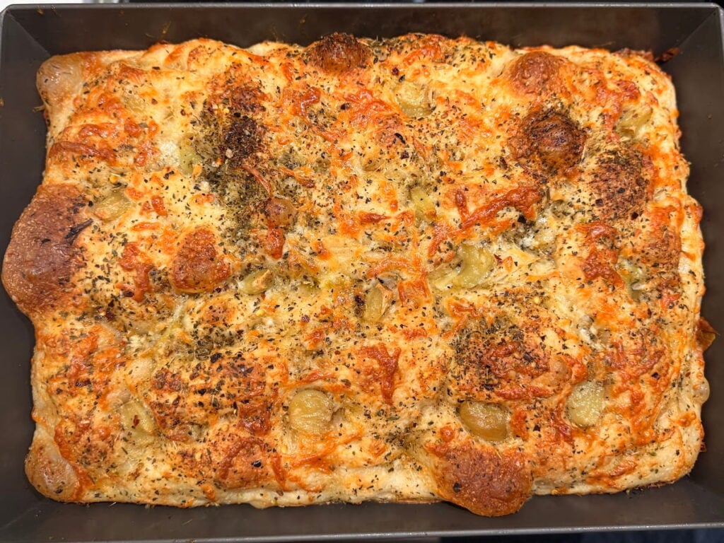 golden baked sourdough garlic and cheese focaccia