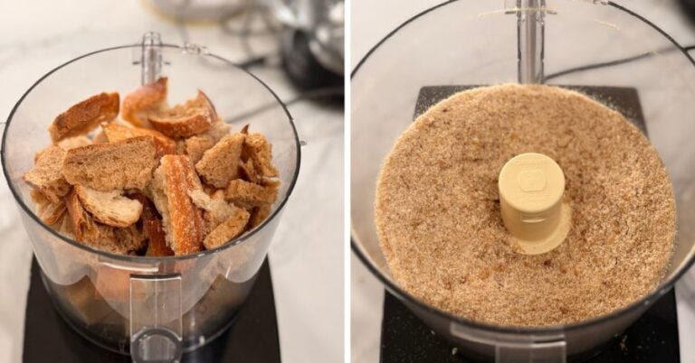 left: stale sourdough bread pieces, right: fine breadcrumbs ready for seasonings