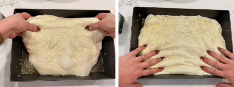 stretching focaccia dough to fit the pan