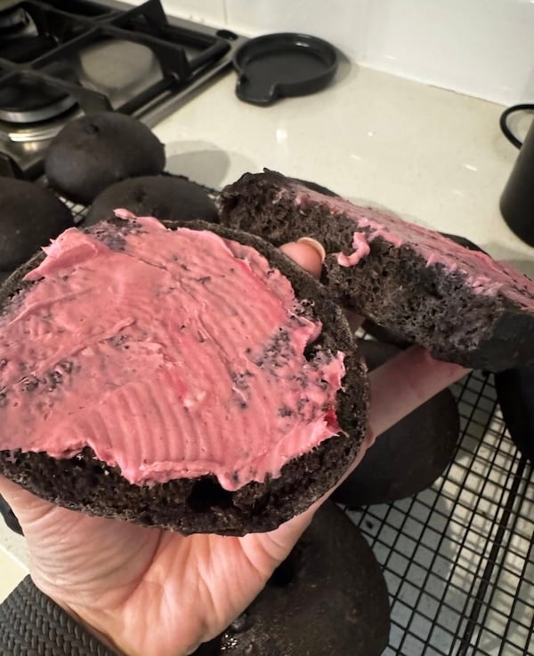 chocolate bagel with fruit spread