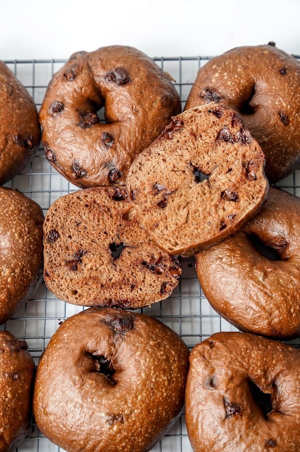 regular sized chocolate chips in chocolate sourdough bagels
