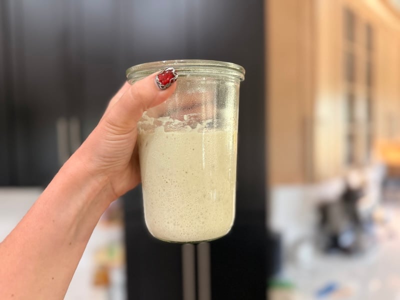 active sourdough starter in a jar, bubbly and ready to use