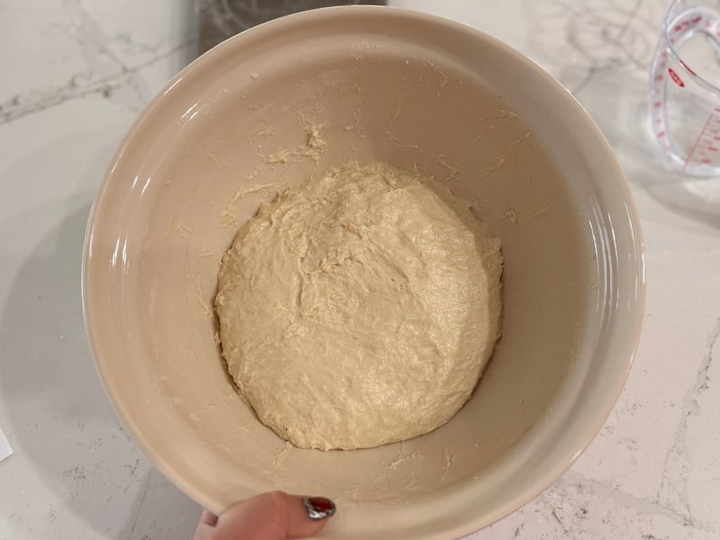 mixed sourdough focaccia dough resting in a bowl at the start of bulk fermentation