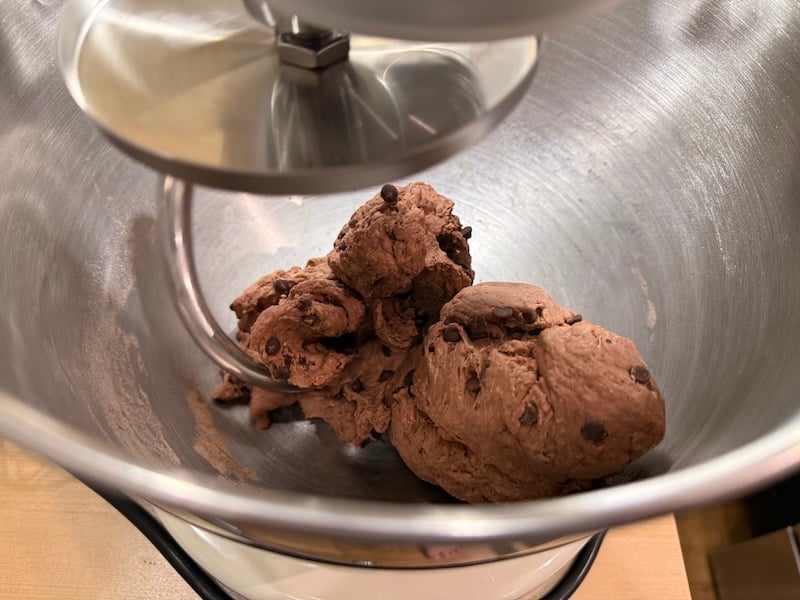 double chocolate chip bagel dough in zacme stsnd mixer