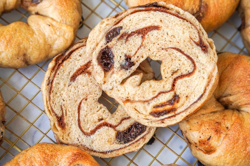 close look at the marbled cinnamon swirl in these sourdough bagels